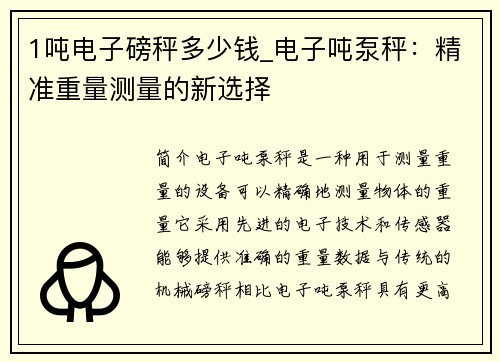 1吨电子磅秤多少钱_电子吨泵秤：精准重量测量的新选择